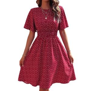 Heart Print Butterfly Sleeve Dress – Red